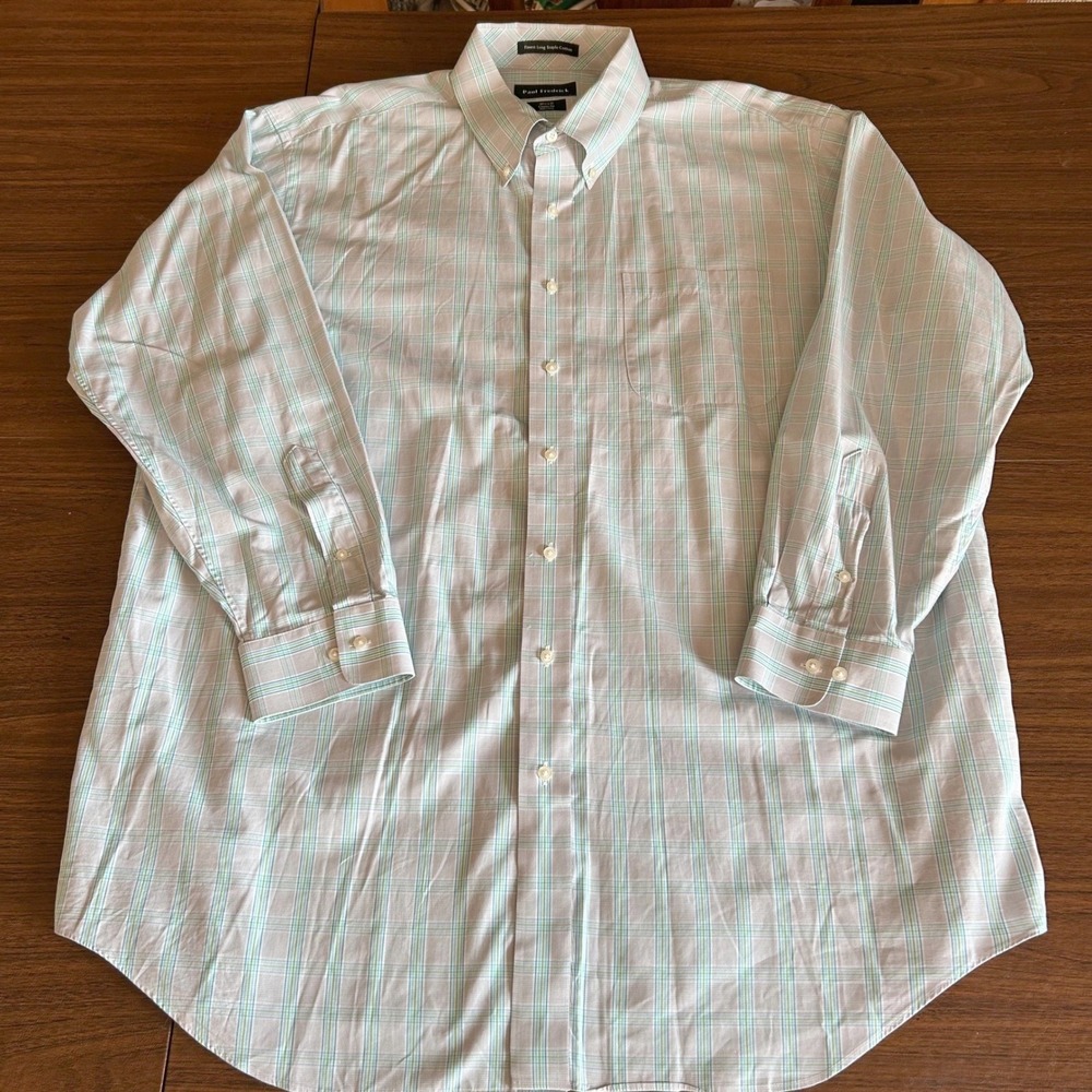 Paul Fredrick Dress Shirt Mens 18.5 x 35 White Blue Green Plaid Classic Preppy